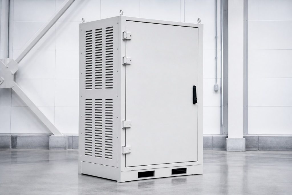 Custom battery energy storage enclosures - powder coated white aluminum BESS cabinet with laser-cut ventilation louvers, fabricated by DeepLink Metal Fab.