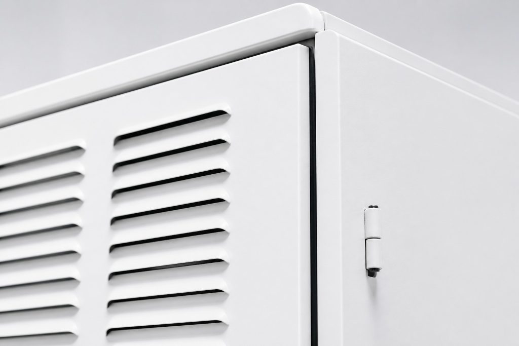 Custom battery energy storage enclosures - close-up of NEMA 3R laser-cut thermal louvers on a white powder-coated aluminum BESS cabinet, manufactured by DeepLink Metal Fab.